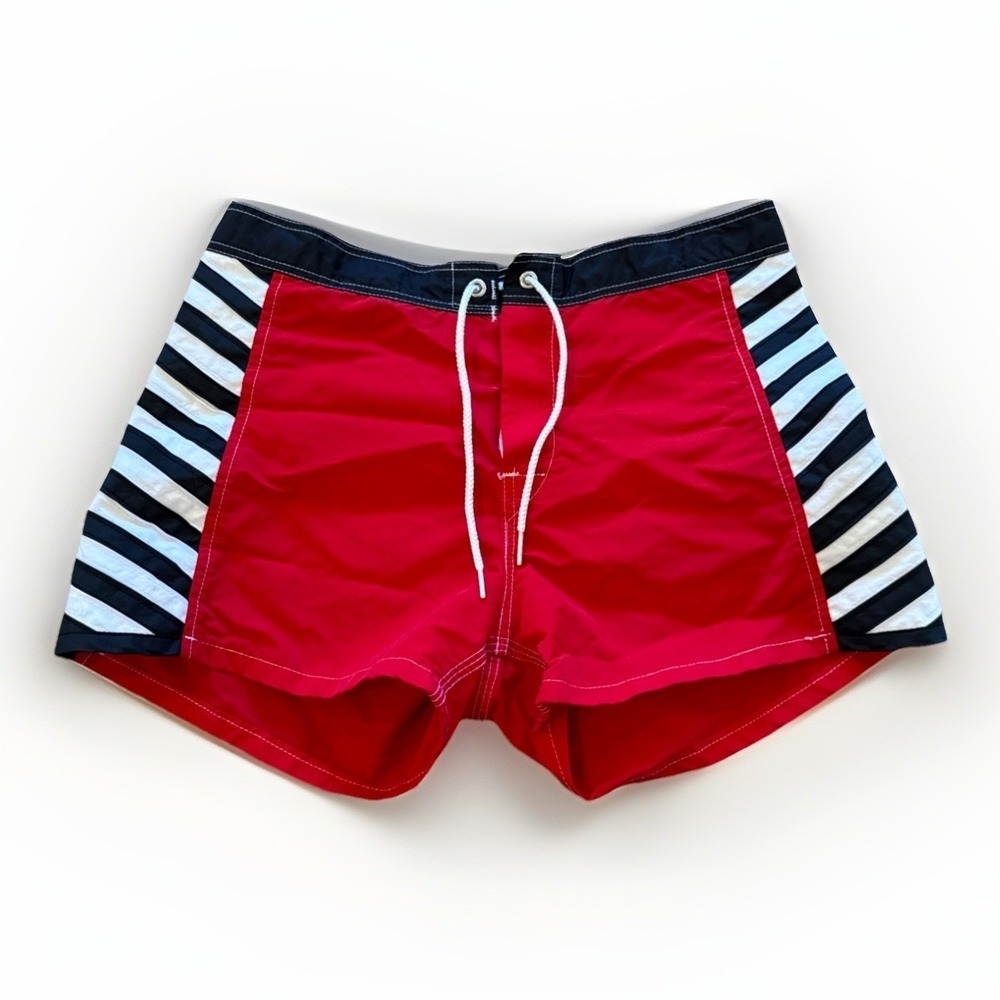 Vintage Sundek Shorts Mens 30 Red‎ Geometric Striped Swim Trunks 80s Retro 3"